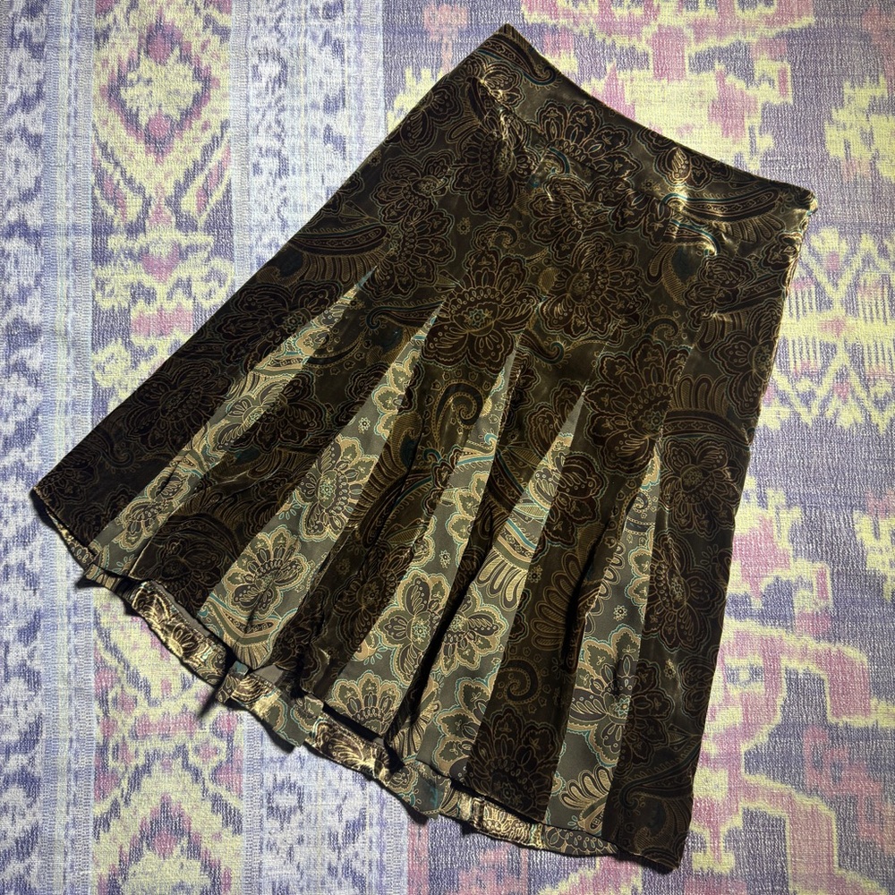 LOFT Brown Green Crushed Velvet Silk Blend A-Line Skirt Women's Size 4